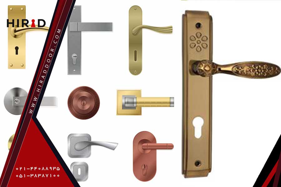 انواع مختلف دستگیره درب اتاق، شامل دستگیره توپی و انواع دستگیره اهرمی